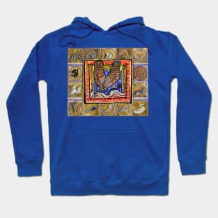 MEDIEVAL BESTIARY ,TWO OWLS, FANTASTIC ANIMALS IN GOLD RED BLUE COLORS Hoodie